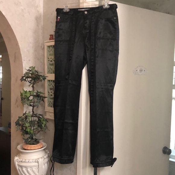 Mudd black satin shiny pants size 7 big pockets ties at the ankles loose fit - Picture 2 of 5